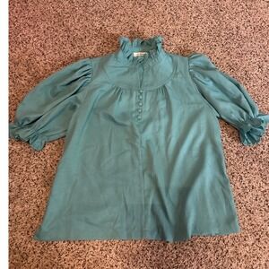 Umgee USA Womens Top Medium Turquoise Blue Ruffle Collar Puff Sleeve Blouse M